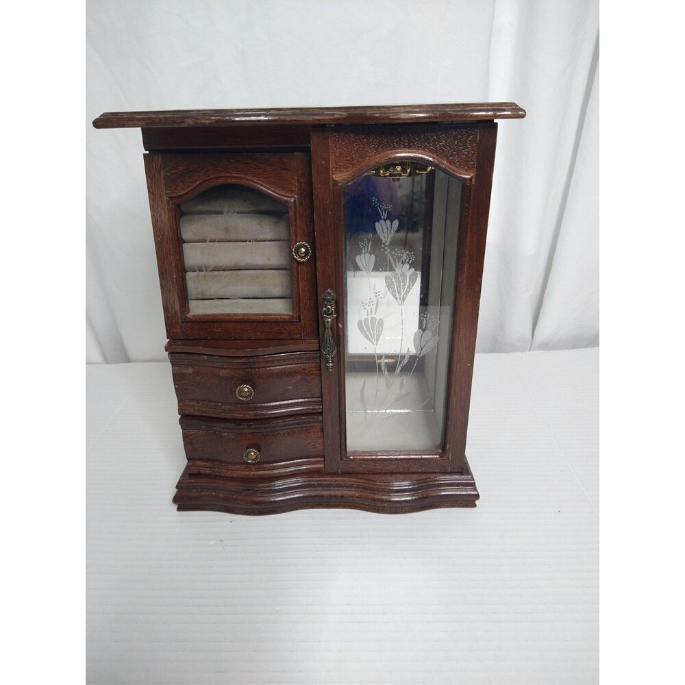 Vintage Jewelry Box Chest 2 Etched Glass Doors 2 Drawers